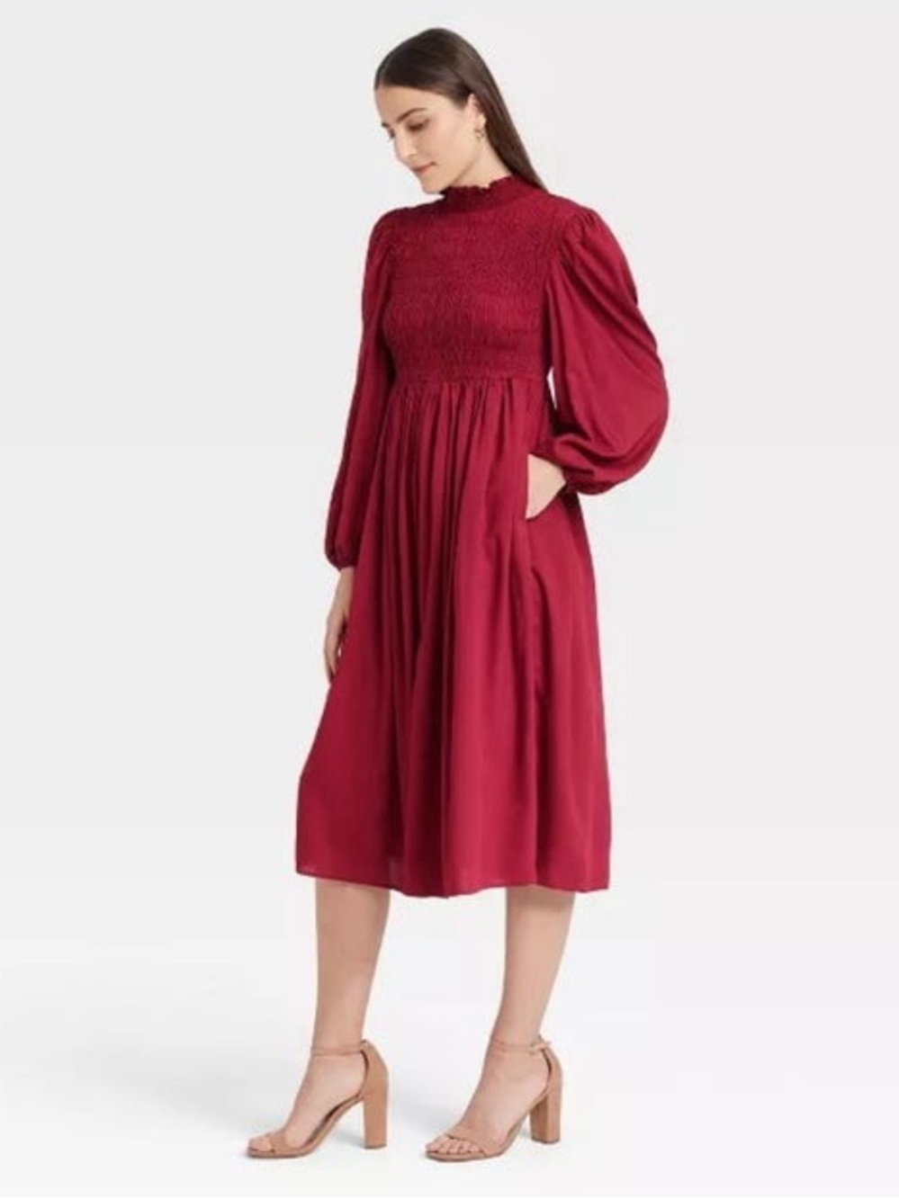 a new day Red Smocked Long Sleeve Midi Dress
